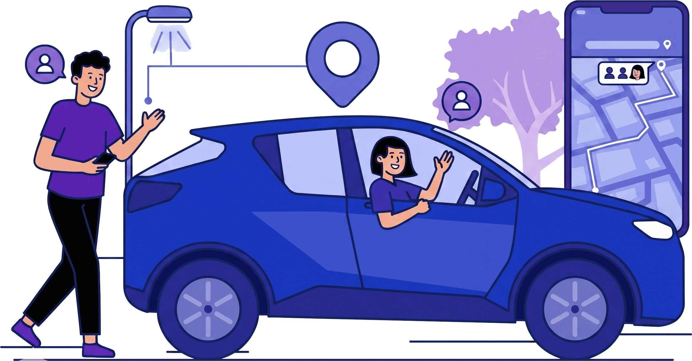 Passenger meeting a CovoitAir driver near a car and map